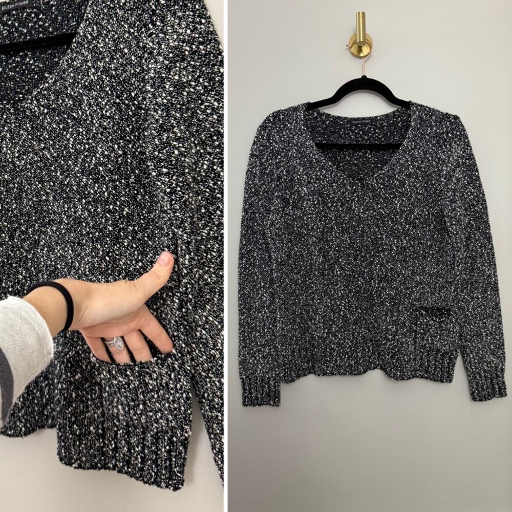 Eileen Fisher 100% Cotton Minimalist Lagenlook Capsule V-Neck Pocket Sweater M